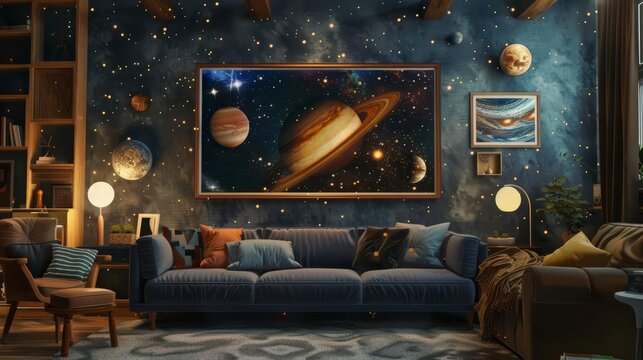 Frame mockup, amidst a celestialthemed living room, with stars and planets adorning the walls, making the quote feel cosmic