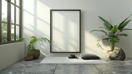 Frame mockup, displayed in a minimalist Zen garden room, emphasizing tranquility and philosophical reflection