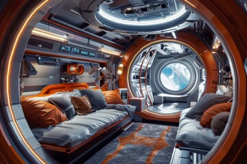 Frame mockup, in a luxurious space station interior, where astronauts are reminded of Earths timeless teachings
