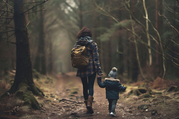 Mother and Young Child Walking Hand in Hand on a Forest Path, Autumn Leaves Surrounding