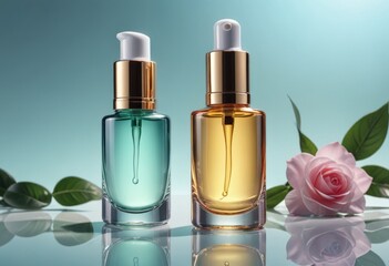 Craft a skincare cosmetic concept featuring a sleek serum glass bottle, symbolizing luxury and skincare excellence