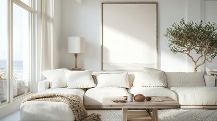 Fototapeta premium Frame mockup, set in an airy, lightfilled coastal home, where the quote encourages guests to ponder deeper truths amidst the soothing decor