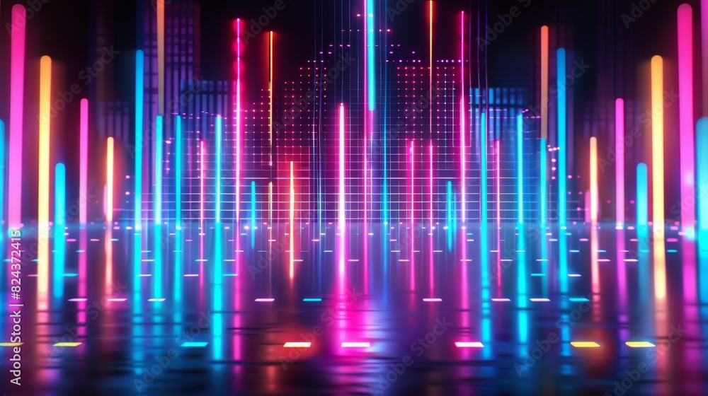 Poster A vibrant neon music equalizer seamless loop background with pulsating bars dancing to the rhythm, set against a sleek black backdrop.