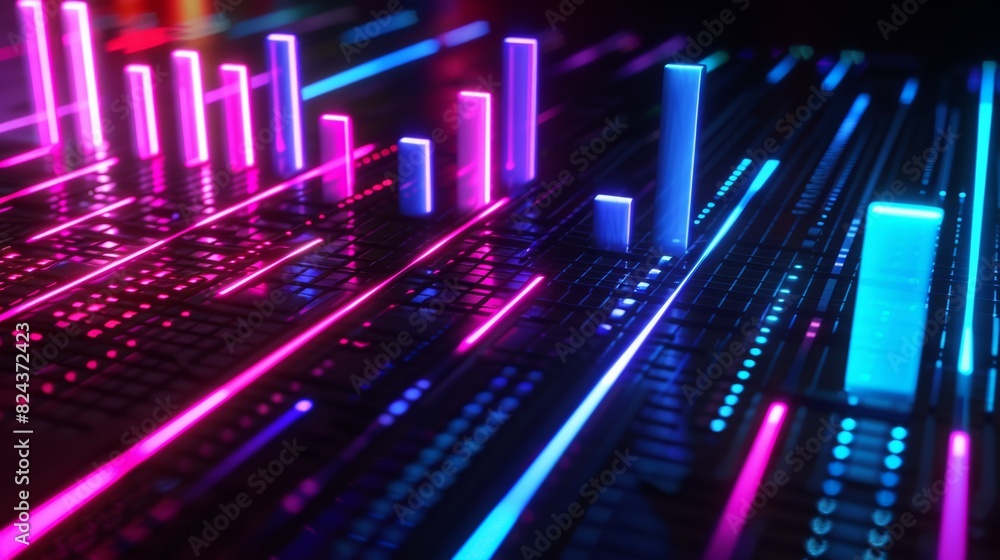 Poster A vibrant neon music equalizer seamless loop background with pulsating bars dancing to the rhythm, set against a sleek black backdrop.