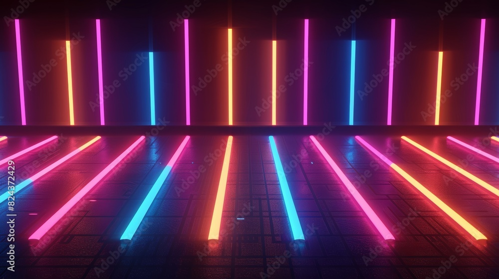 Poster A vibrant neon music equalizer seamless loop background with pulsating bars dancing to the rhythm, set against a sleek black backdrop.