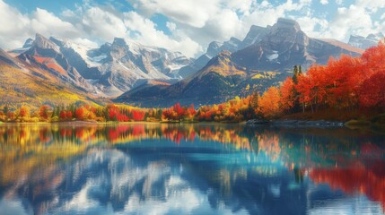 A vibrant autumn landscape with mountains ablaze in hues of red, orange, and yellow, reflected in...