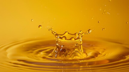 A vibrant splash of sunflower oil bursting upwards, its droplets illuminated by a natural light source, creating a mesmerizing dance of light and shadow.