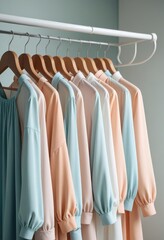 Elegant pastel-colored garments are tastefully displayed on a minimalist white rack, showcasing their beauty with simplicity and style 