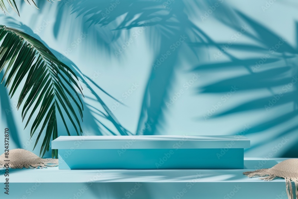 Poster bright blue podium on textured background with natural lighting and minimalist design for modern dis