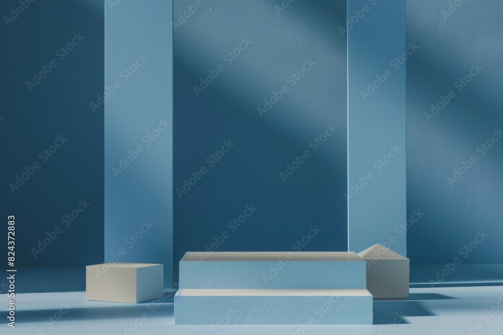 Poster minimalist blue podium on textured background in natural light for modern display