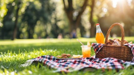 leisure and eating concept - close up of food, drinks and picnic basket on blanket on grass at summer park - Powered by Adobe