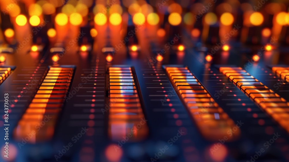 Poster A vintage music equalizer seamless loop background with warm, glowing analog bars illuminating the spectrum analyzer, reminiscent of classic audio equipment.