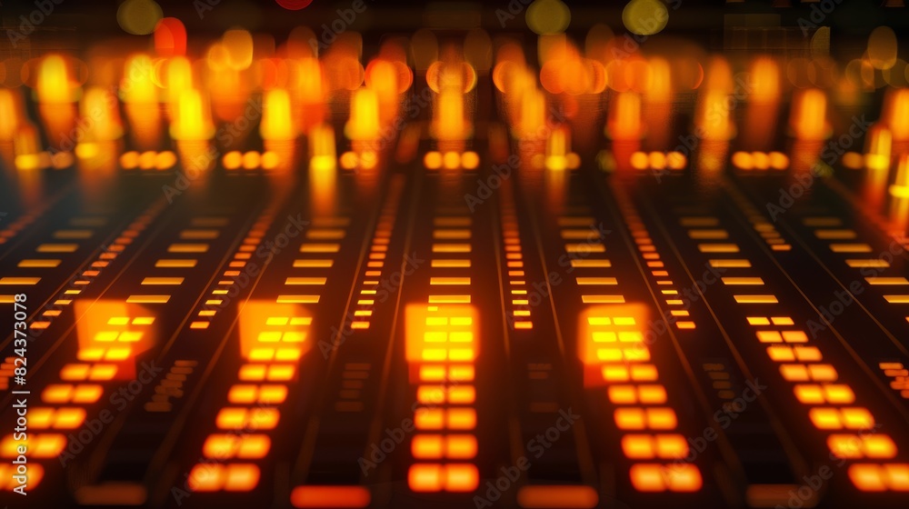 Poster A vintage music equalizer seamless loop background with warm, glowing analog bars illuminating the spectrum analyzer, reminiscent of classic audio equipment.