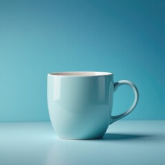 In a minimalist 3D rendering, a ceramic mug sits against a solid pastel blue backdrop, embodying simplicity and tranquility 
