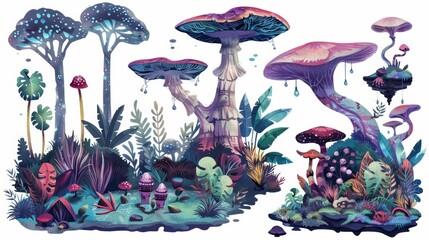 Set of watercolors of an ecosystem