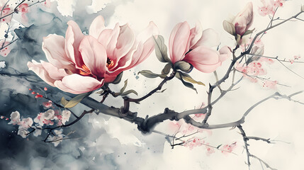 magnolia traditional ink painting illustration abstract background decorative painting