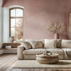 Modern living room with a light pink wall, beige sofa and wooden floor, large window providing natural lighting