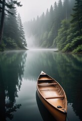 In the heart of a misty lake, a canoe floats serenely amidst a soft white fog, framed by a captivating, foggy forest backdrop