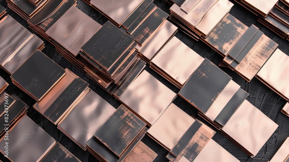 Poster aerial view of symmetrical arrangement of rose gold laptops with geometric patterns in bright lighti