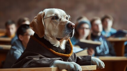 A wise and elderly Labrador Retriever dog wearing a professor's robe and glasses, lecturing a group...