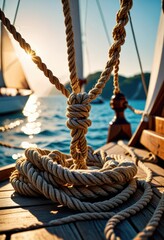 Near the sailboat, a coiled rope patiently awaits its nautical calling, ready to embark on a seafaring journey 