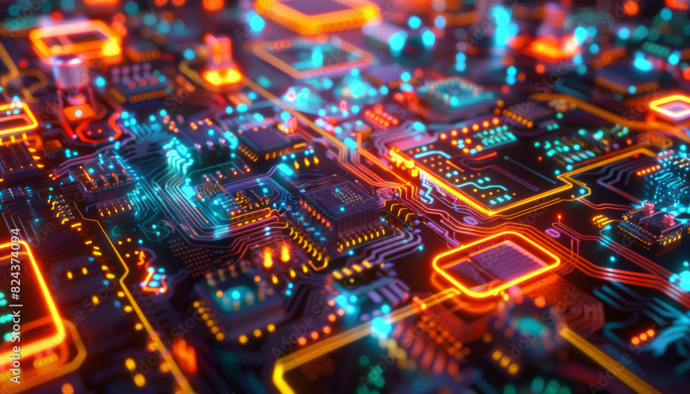 Poster birds-eye view of a quantum computing lab, vibrant glowing circuits, qubits floating in a mesmerizin
