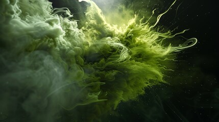 A burst of vibrant green exploding into the darkness, with tendrils of smoke curling delicately around the edges, captured under the soft glow of moonlight.