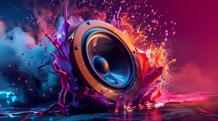 An artistic rendition of a subwoofer speaker's cone, its vibrant colors and distorted form conveying the power and energy of the music.