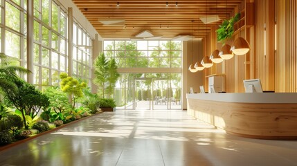An eco-friendly hospital reception area with sustainable materials, natural lighting, and energy-efficient appliances.