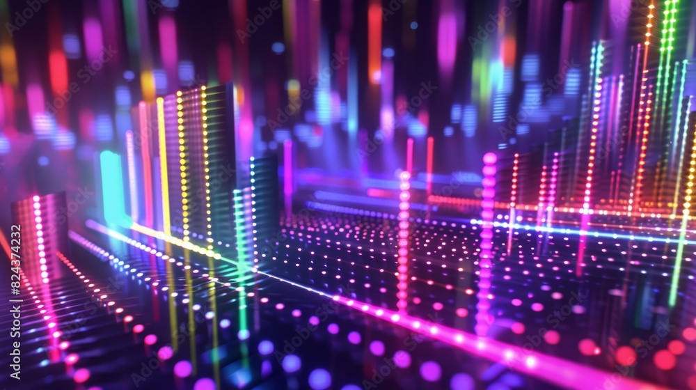 Poster An energetic music equalizer seamless loop background with vibrant color gradients bursting forth from the spectrum analyzer bars, creating a captivating visual spectacle.