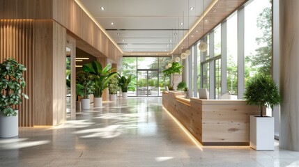 An eco-friendly hospital reception area with sustainable materials, natural lighting, and energy-efficient appliances.