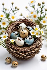 Obraz premium Quail eggs nestled in a delicate nest, adorned with white gypsophila flowers, set against a pristine white background