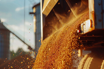 Truck unloading grains into storage silos