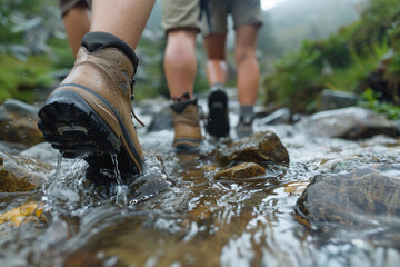 Hikers Crossing a Stream, Close-up of Boots Walking Through Water in a Forested Area