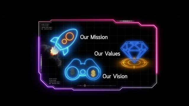 Purpose business concept. Corporate communications to specify policy and business direction. Animation of mission, vision, values icons on virtual screen isolated on transparent background.