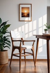 Wooden chair in a white living room interior, featuring a blank table