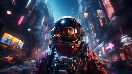 Obraz premium Retrofuturistic illustration of astronaut in futuristic neon lit cyberpunk city. Neon pink blue violet night astronaut