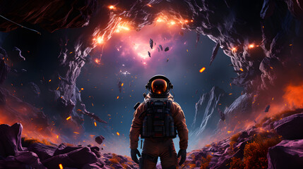 Fototapeta premium Sci-fi Retrowave space illustration of science fiction scene with mysterious astronaut figure in space suit surrounded by glowing neon tube lights