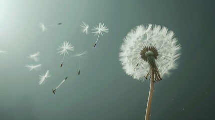 Photorealistic image of a dandelion seed head releasing its seeds into the wind, with the seeds floating away in different directions,