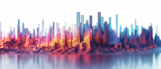 Fototapeta premium Abstract colorful cityscape with high-rise buildings and reflection on water. Vibrant urban sunset skyline. Contemporary landscape art.