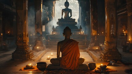 Mystical temple setting with a Buddha statue in deep meditation a solitary monk chanting softly in the candlelit background