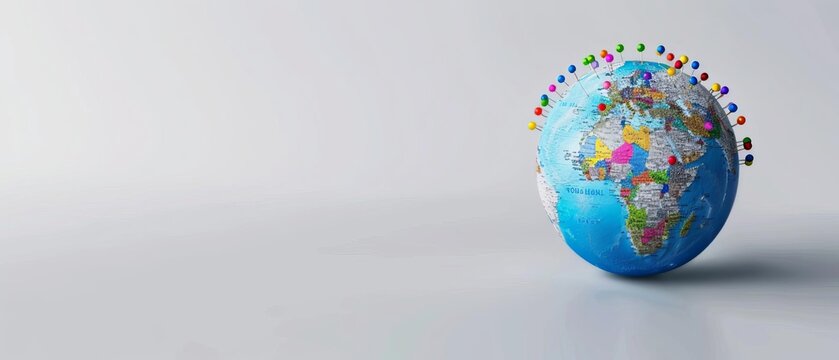 Globe featuring continents and ocean, surrounded by diverse people figures, symbolizing global unity and diversity against a grey background.