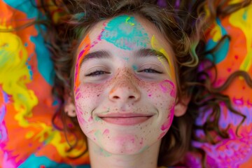 A young person with a joyful smile lies in vibrant colorful paint, radiating happiness and creativity in this artistic portrait.