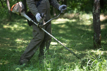 Lawn mover on green grass. Machine for cutting lawns.