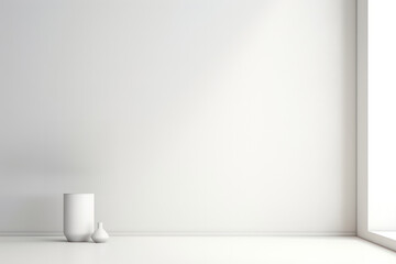 A blank white backdrop is adorned with potted plants.