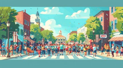 Colorful cartoon vector of a Memorial Day parade featuring marching bands, military personnel, and families with banners, all set in a lively town square Generative AI