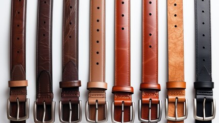 Fototapeta premium A row of belts with different colors and designs. The belts are made of leather and are arranged in a row