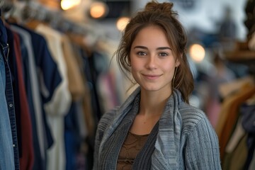 Young woman with long, wavy hair smiling at the camera while standing a clothing store or boutique