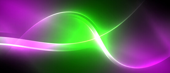 Neon glowing circle rays, light round lines in the dark, planet style neon wave lines. Energetic electric concept design for wallpaper, banner, background
