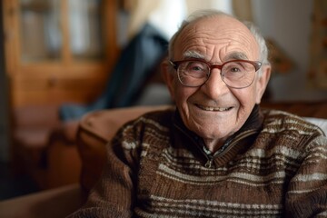 Elderly man with glasses smiling warmly while sitting on a couch in a cozy home setting, wearing a brown sweater.